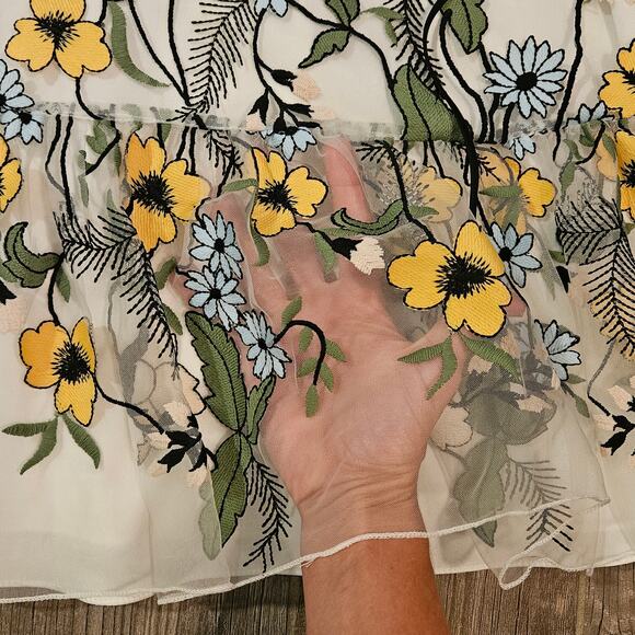 Monique Lhuillier Floral Daisy Embroidered Dress Womens 12 Sheer Overlay Ruffle - Picture 6 of 15